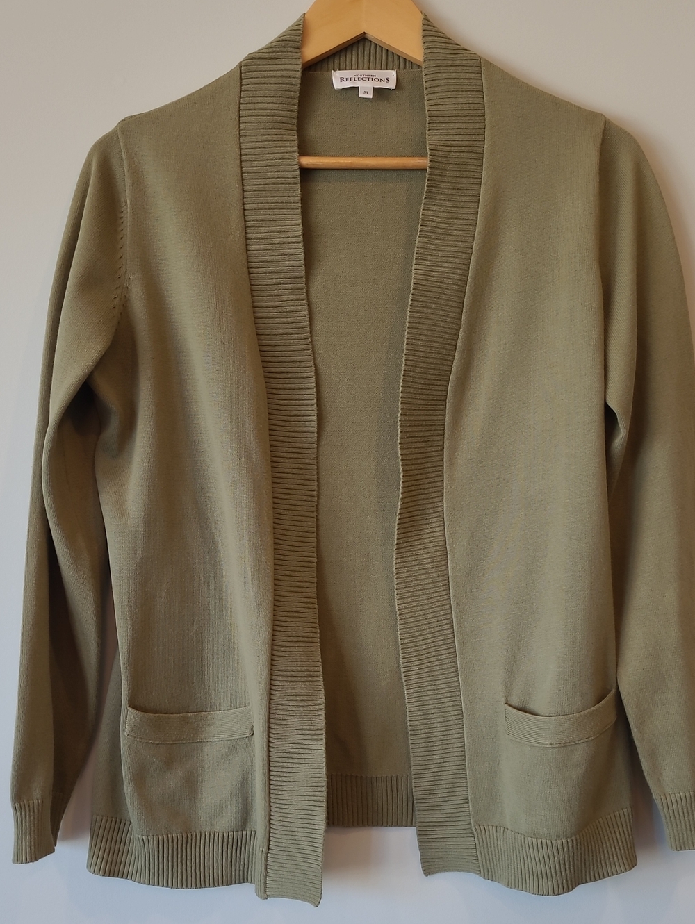 Northern Reflections Sage Green Open Front Cardigan - 100% Cotton Size Medium